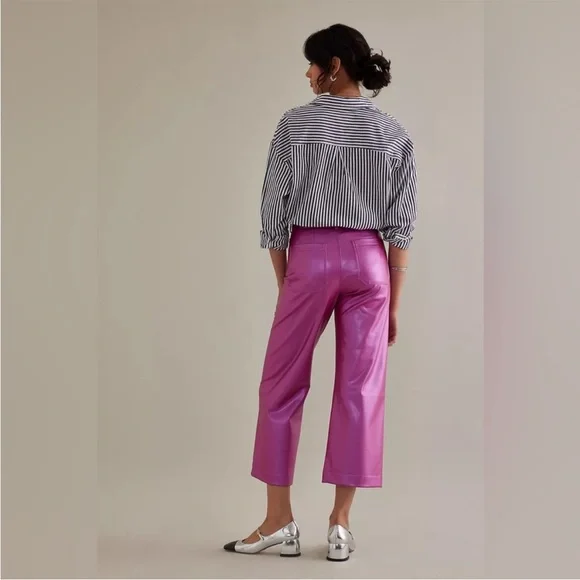 Anthropologie Maeve The Colette Faux Leather Magenta Cropped Wide Leg Pants - Picture 9 of 9
